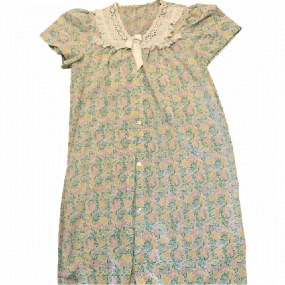 Vintage Cottagecore Floral Print Bed Jacket Coat W Lace Doily & Bow Neck M - L